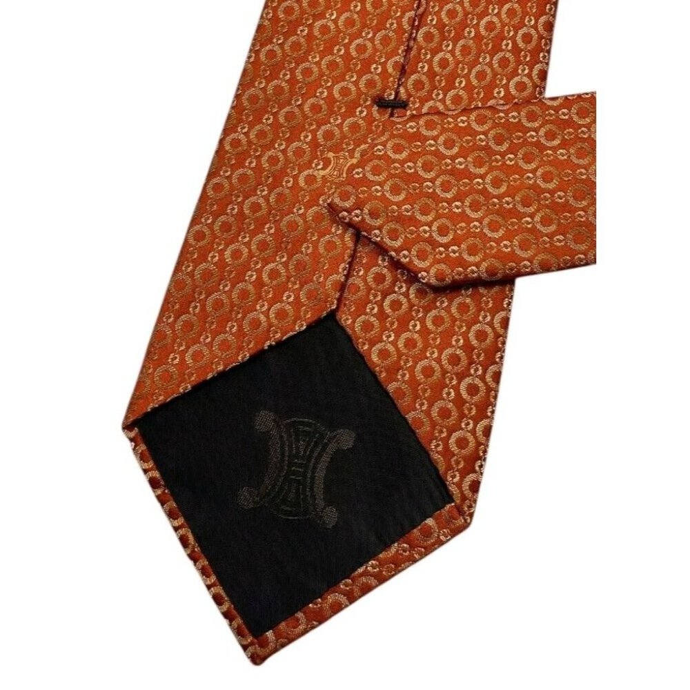 CELINE Men's 100% Silk Necktie LUXURY Tie Orange Gold Chain  Logo W:3.7" EUC - Picture 4 of 4